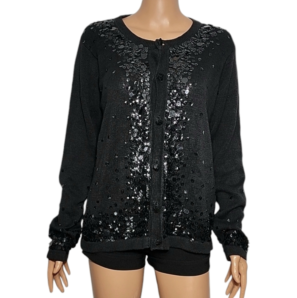 ARRIVISTE Women's Black Sequin‎ Button Cardigan Sweater Size S Small